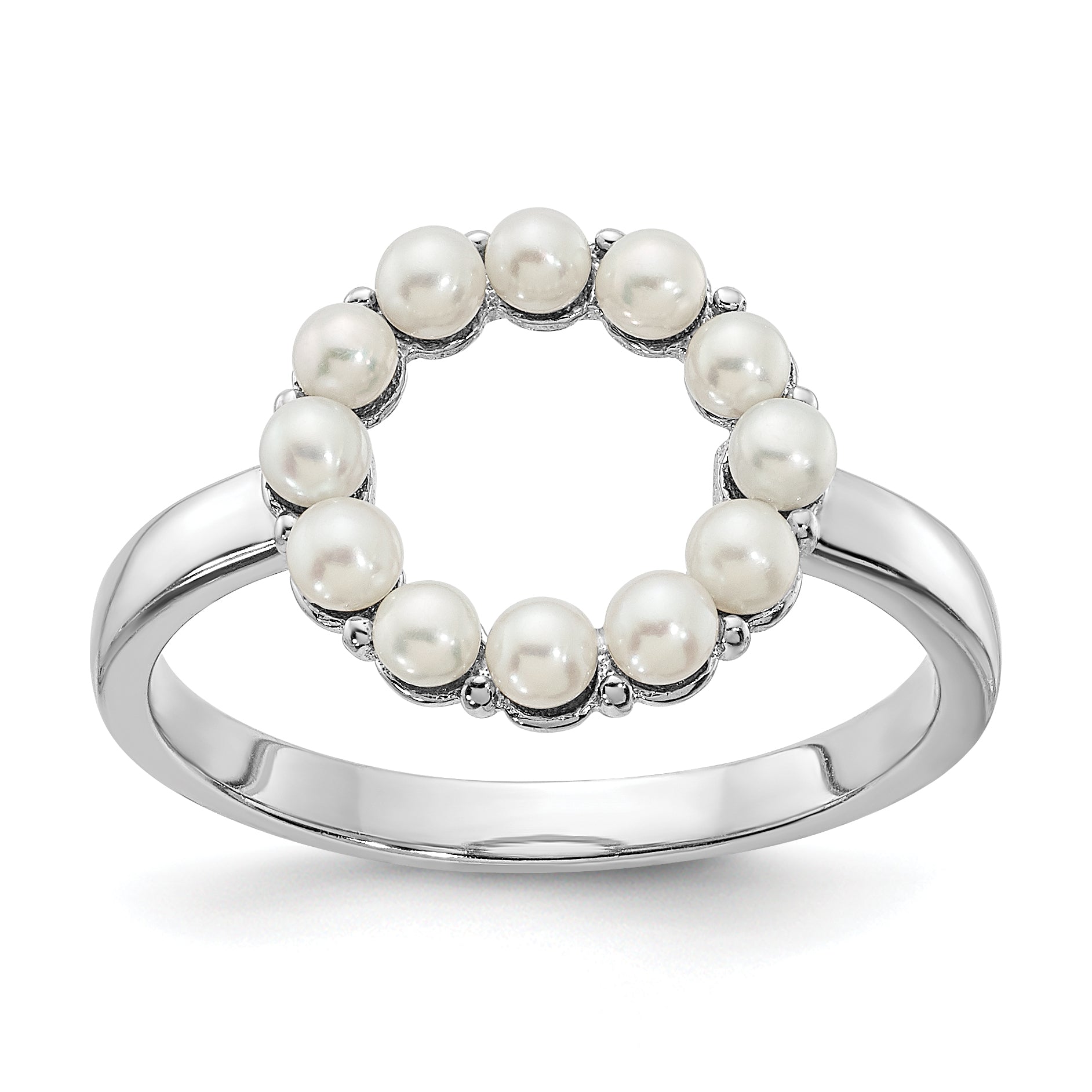 Sterling Silver Rhodium Plated 2 2.5mm White Button Freshwater Cultured Pearl Ring (Size 8 Only)