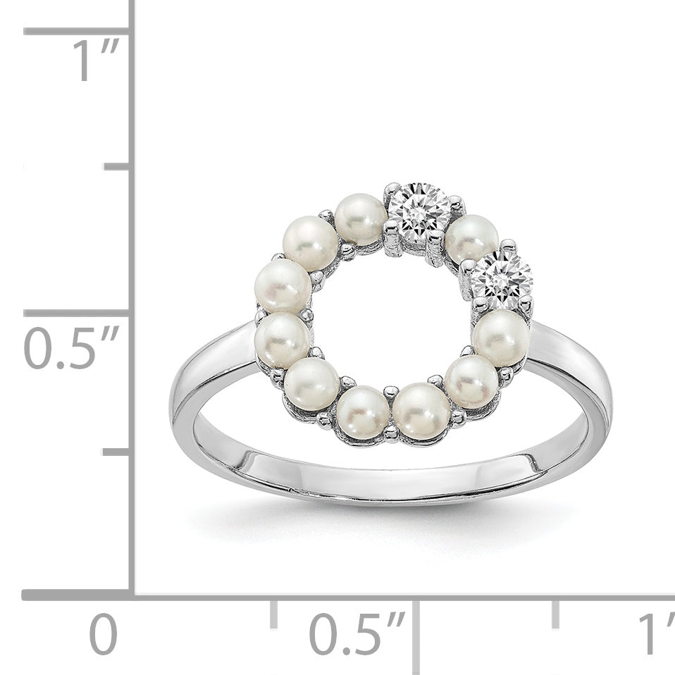 Sterling Silver Rhodium Plated 2 2.5mm Button Fwc Pearl Cz Ring