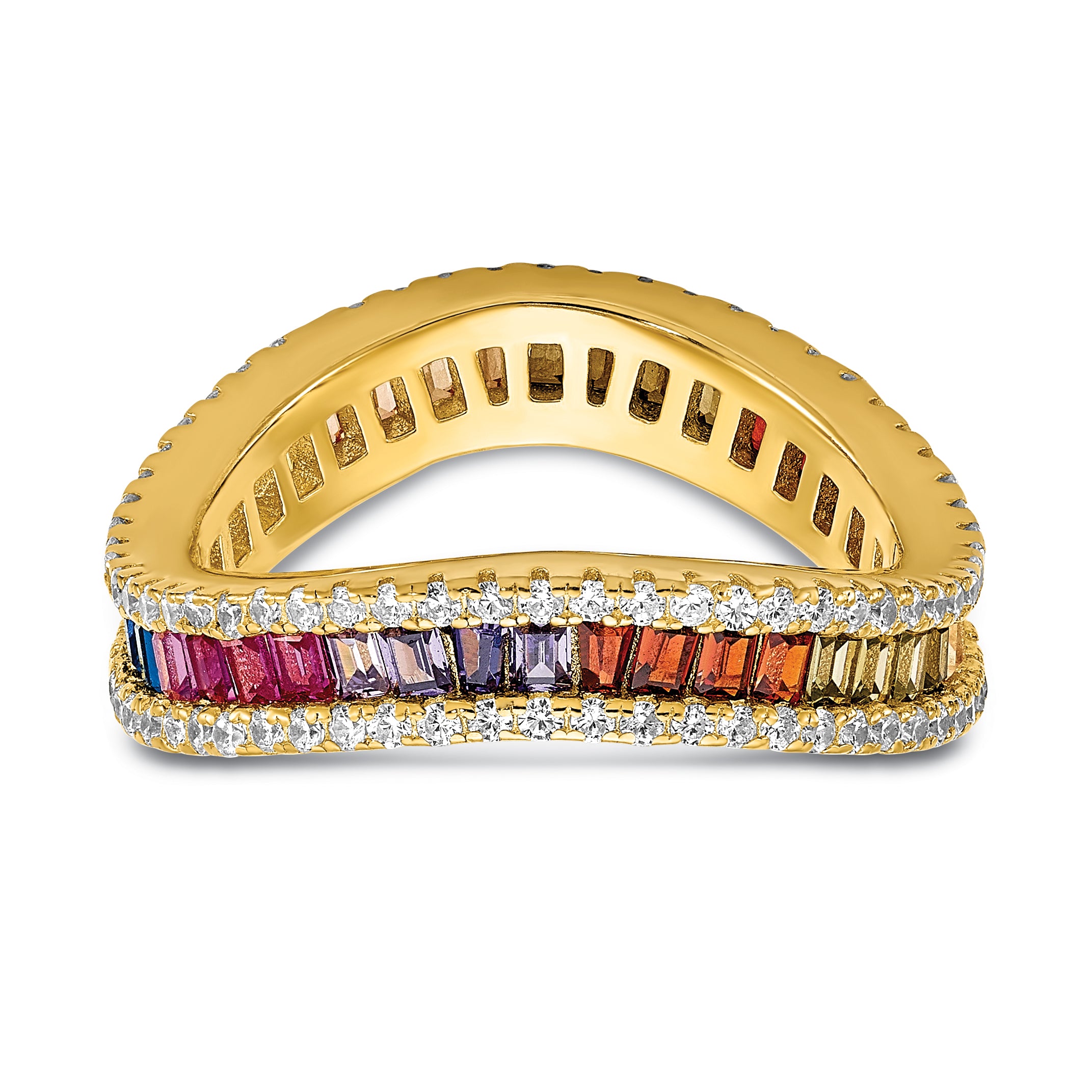 Sterling Silver Prizma Gold Tone 14K Flash Plated White And Colorful Channel Set Cz Ring