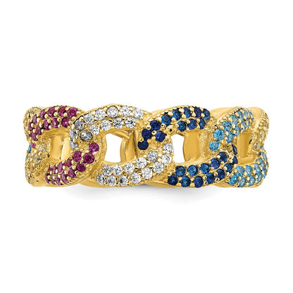 Sterling Silver Prizma Gold Tone 14K Flash Plated Colorful Cz Cuban Link Ring