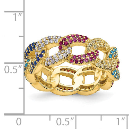 Sterling Silver Prizma Gold Tone 14K Flash Plated Colorful Cz Cuban Link Ring