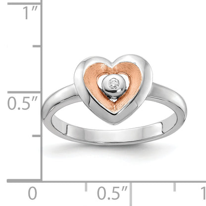 Rose Plated Sterling Silver Rh Gold Polished Satin Diamond Heart Rin