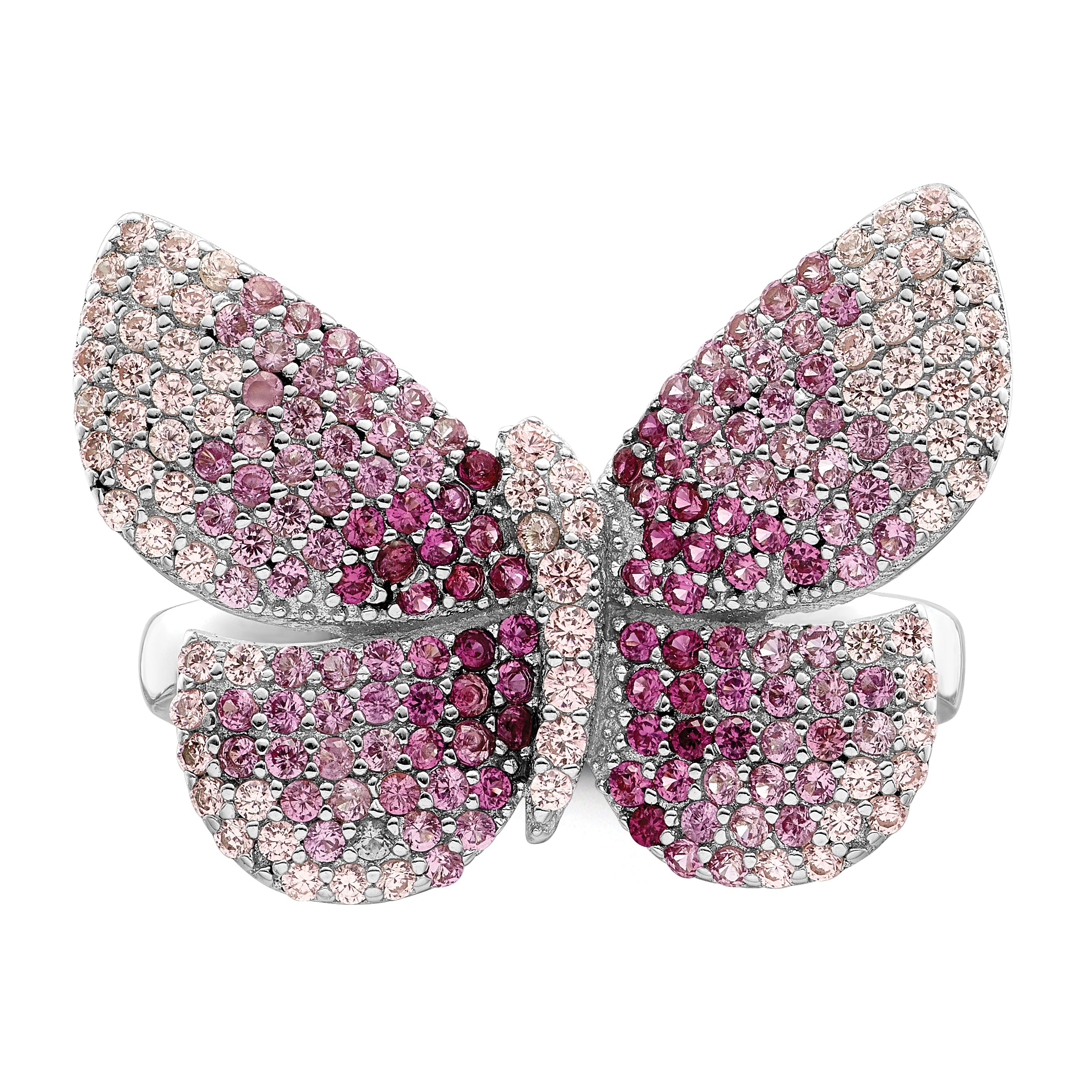 Sterling Silver Rhodium Plated Polished Pink Cz Butterfly Ring