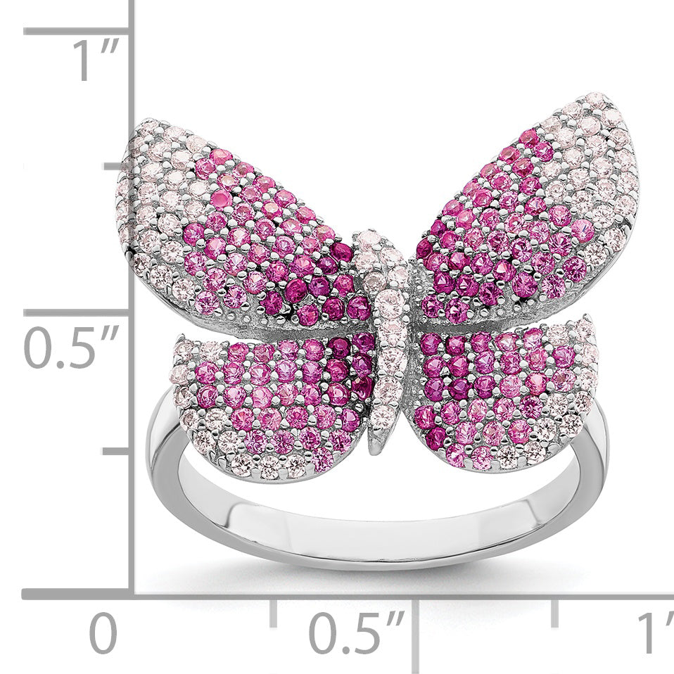 Sterling Silver Rhodium Plated Polished Pink Cz Butterfly Ring