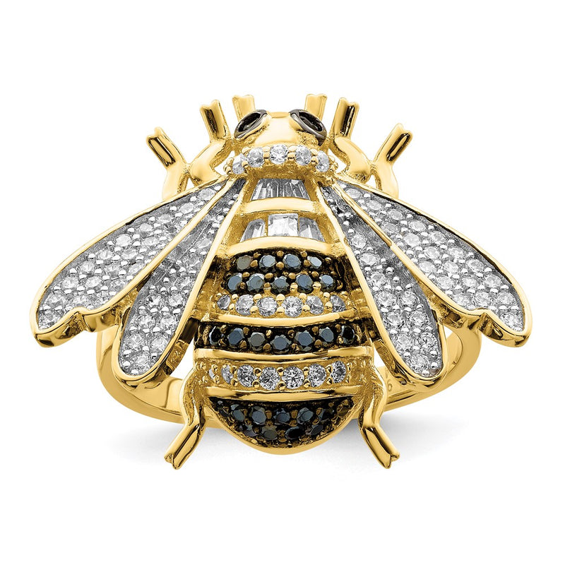 Sterling Silver Blk/White Rh Plated Gold Tone Cz Bumblebee Ring