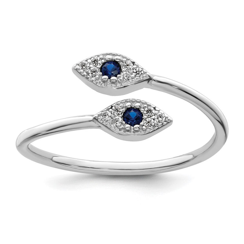 Sterling Silver Rhodium Plated Polished Blue & White Cz Eye Adjustable Ring