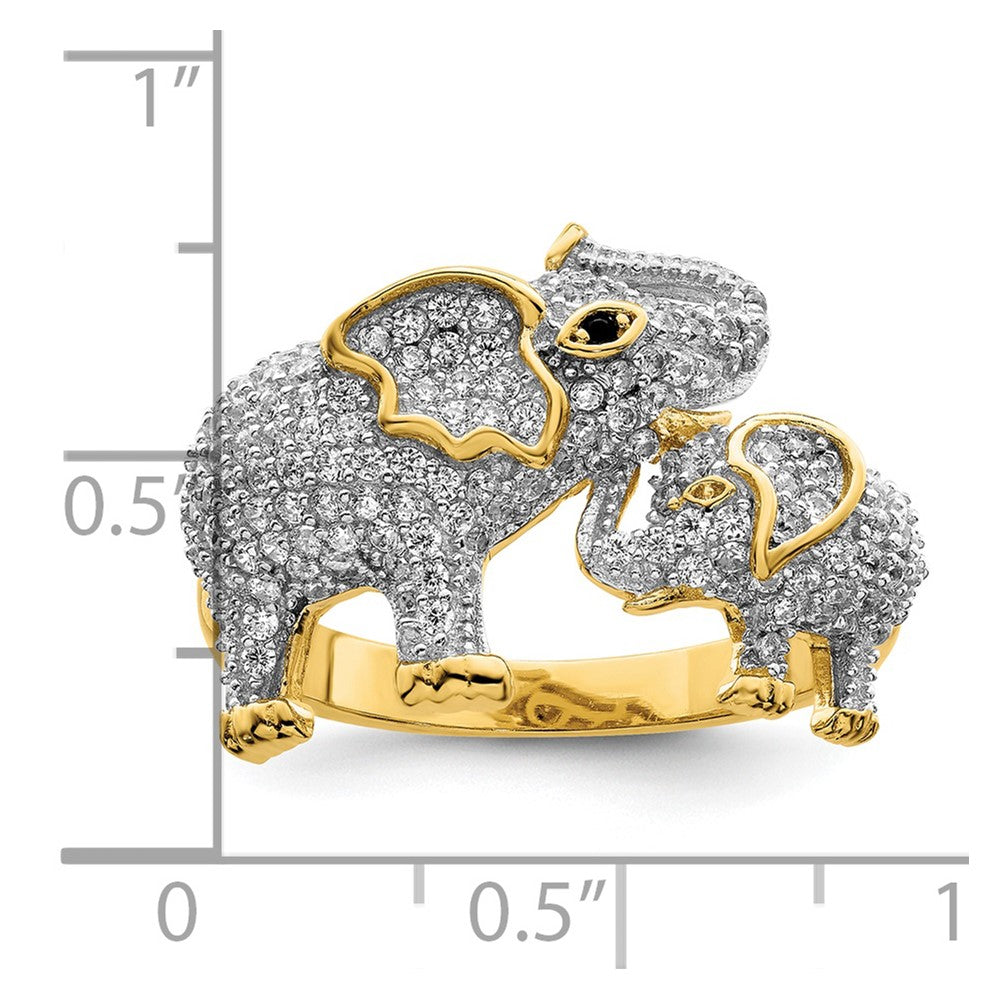 Sterling Silver Rhodium Plated Gold Tone Mom & Baby Cz Elephants Ring