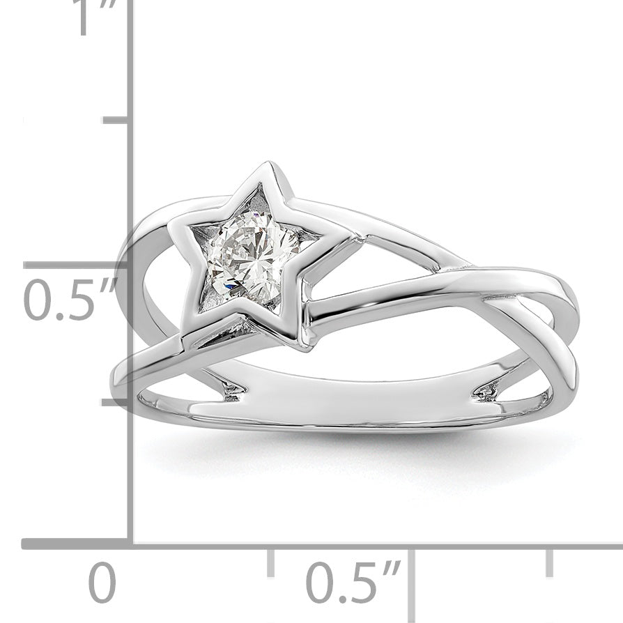 Sterling Silver Rhodium Plated Cz Star Ring