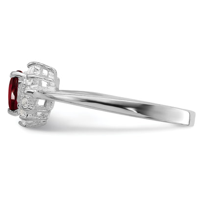 Sterling Silver Rhodium Plated Garnet & Cz Heart Ring