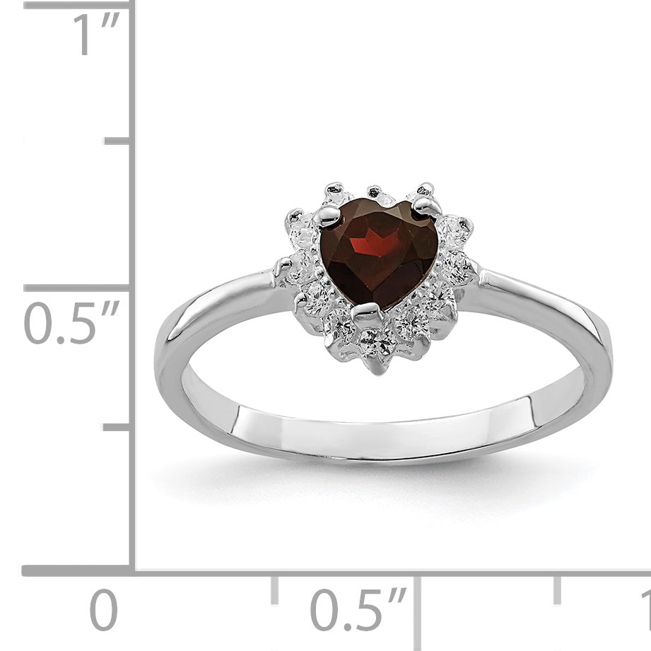 Sterling Silver Rhodium Plated Garnet & Cz Heart Ring