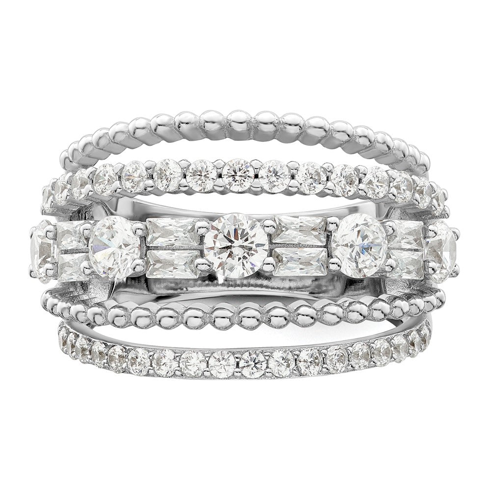 Sterling Silver Rhodium Plated Cz 5 Row Ring (Size 6 Only)