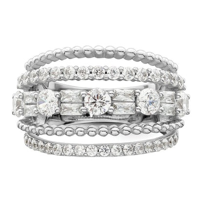 Sterling Silver Rhodium Plated Cz 5 Row Ring (Size 6 Only)