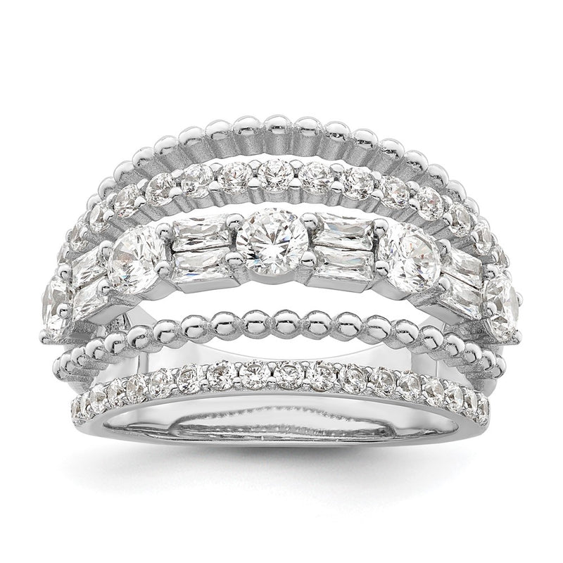 Sterling Silver Rhodium Plated Cz 5 Row Ring (Size 6 Only)