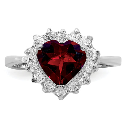 Sterling Silver Rhodium Plated Garnet & Cz Ring