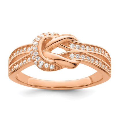 Sterling Silver Polished Rose Tone Cz Knot Ring