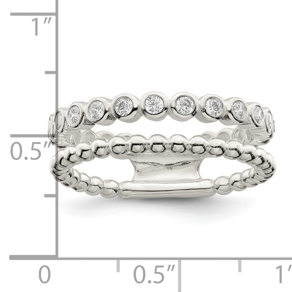 Sterling Silver Polished Cz Beaded Double Fancy Ring