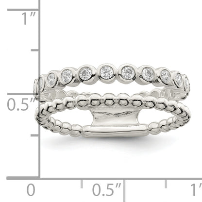 Sterling Silver Polished Cz Beaded Double Fancy Ring