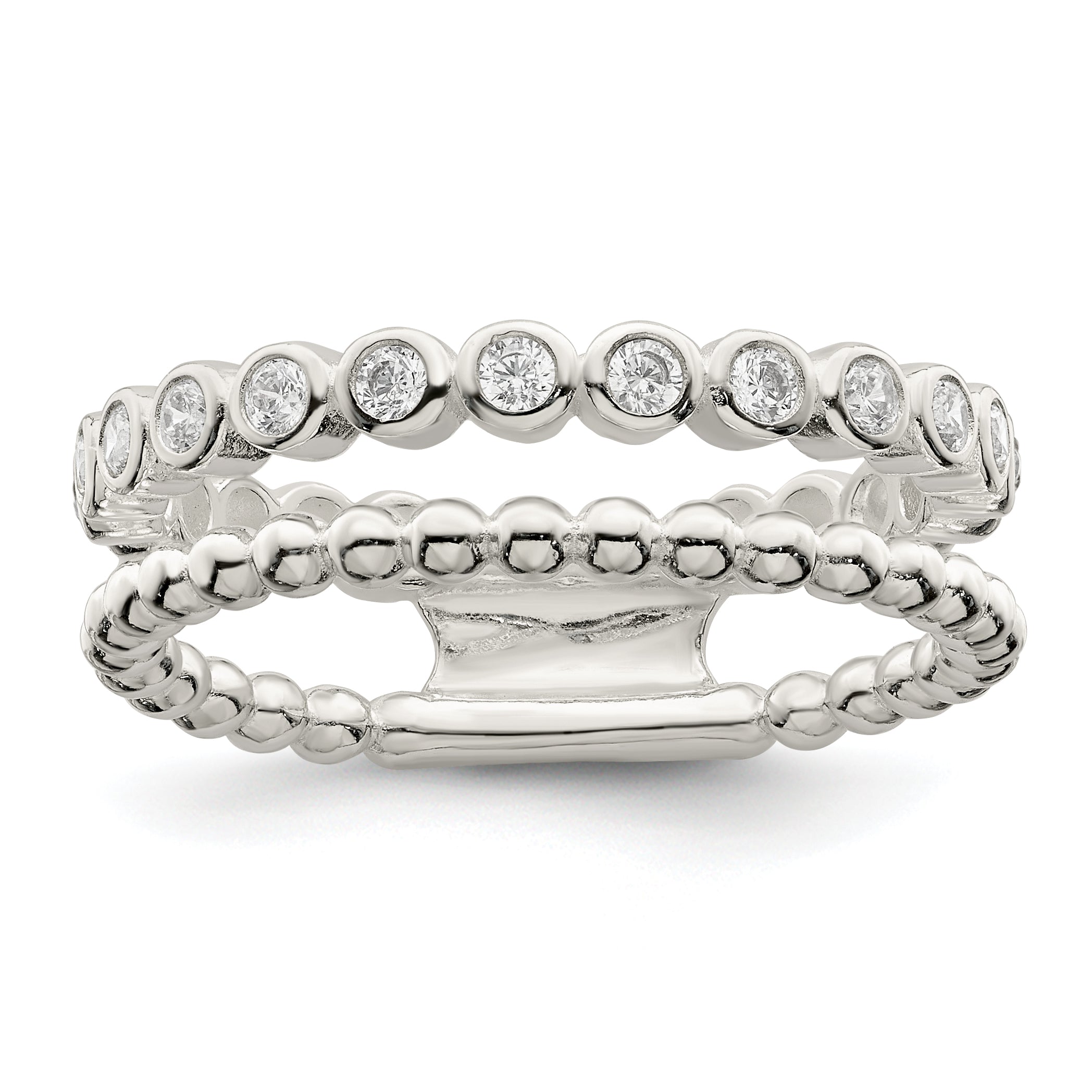 Sterling Silver Polished Cz Beaded Double Fancy Ring