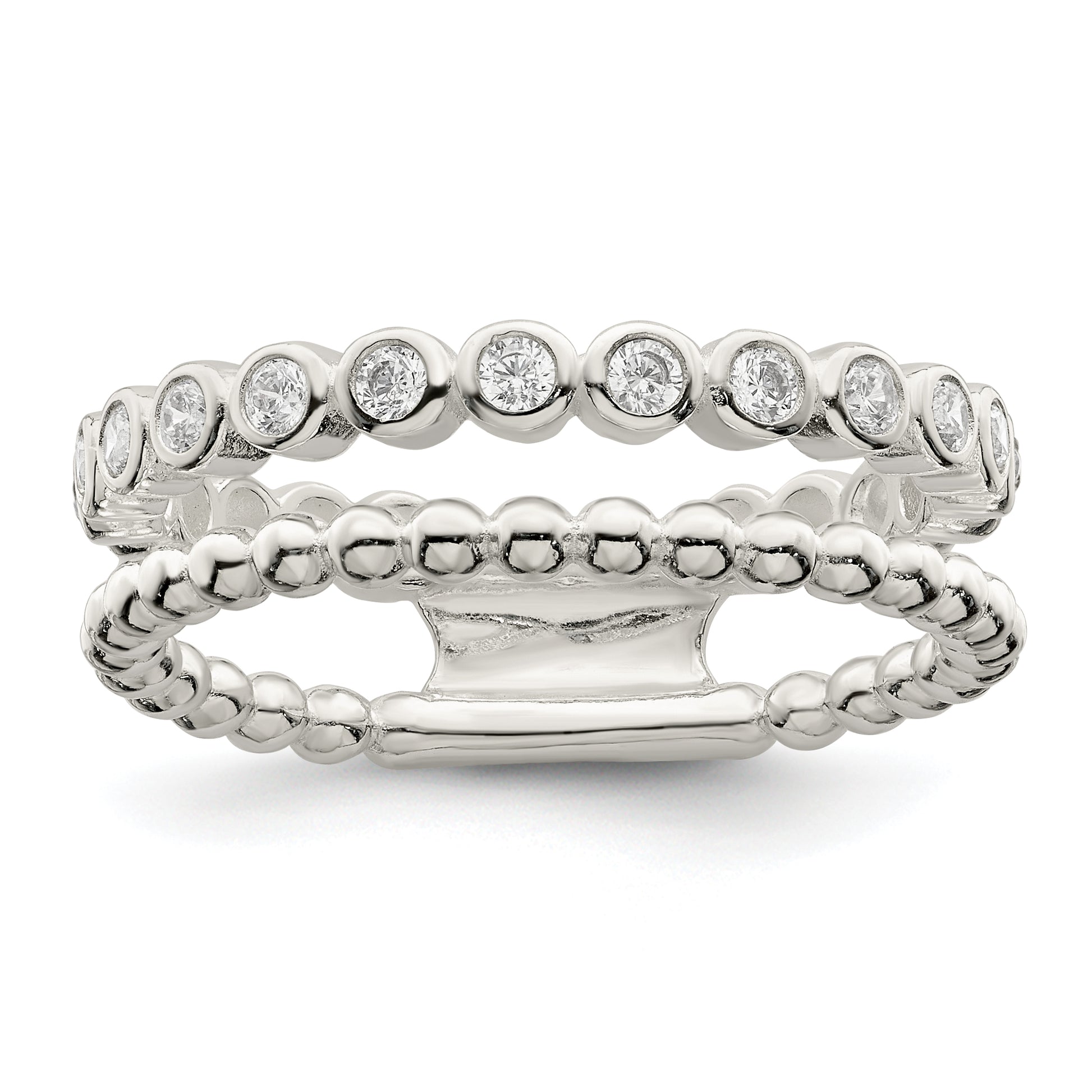 Sterling Silver Polished Cz Beaded Double Fancy Ring