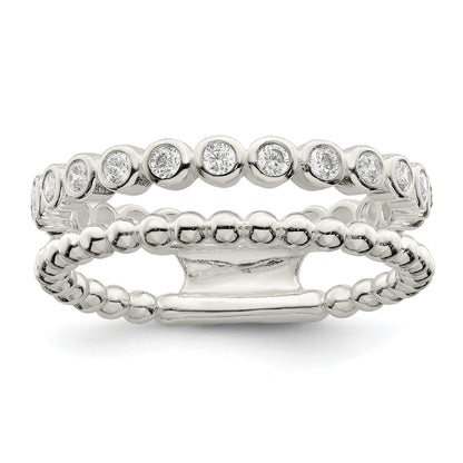 Sterling Silver Polished Cz Beaded Double Fancy Ring