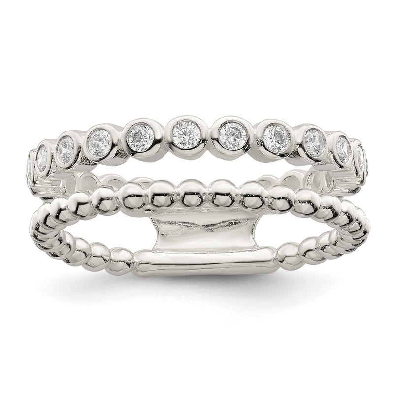 Sterling Silver Polished Cz Beaded Double Fancy Ring