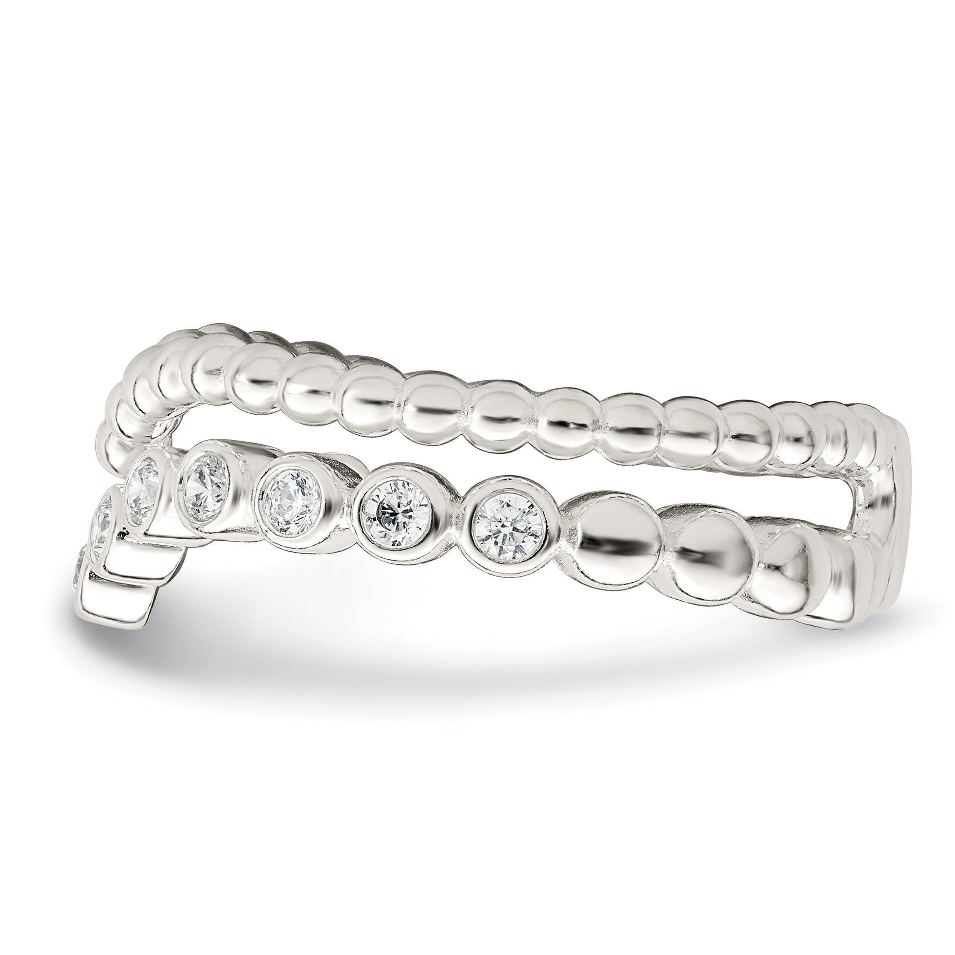 Sterling Silver Polished Cz Beaded Double Fancy Ring