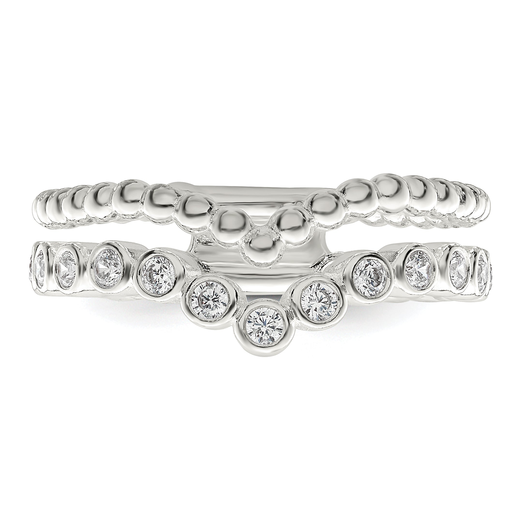 Sterling Silver Polished Cz Beaded Double Fancy Ring