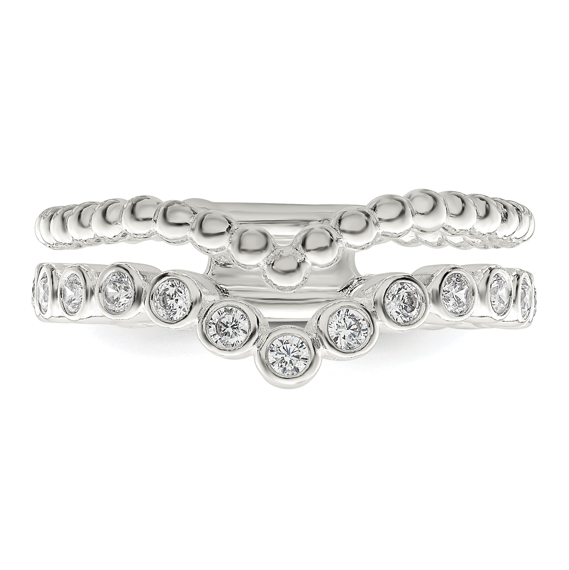 Sterling Silver Polished Cz Beaded Double Fancy Ring