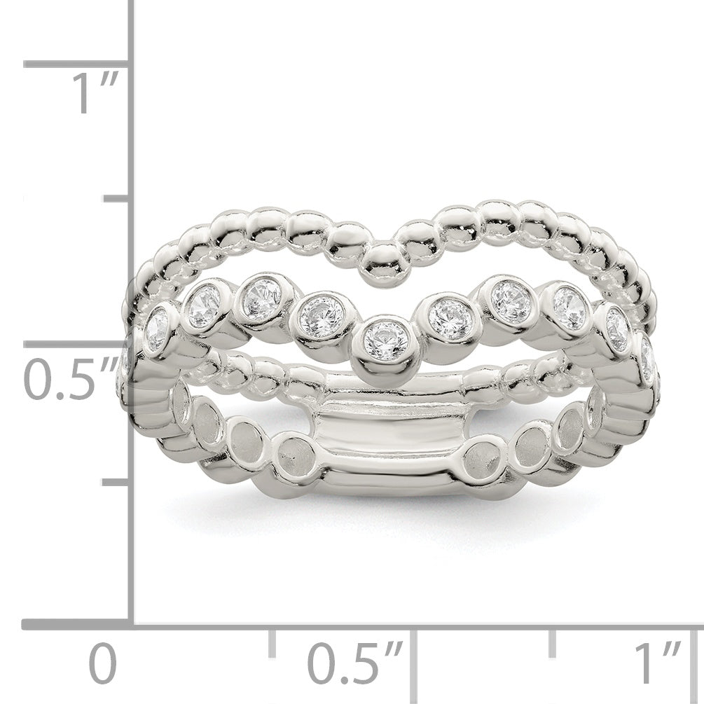 Sterling Silver Polished Cz Beaded Double Fancy Ring