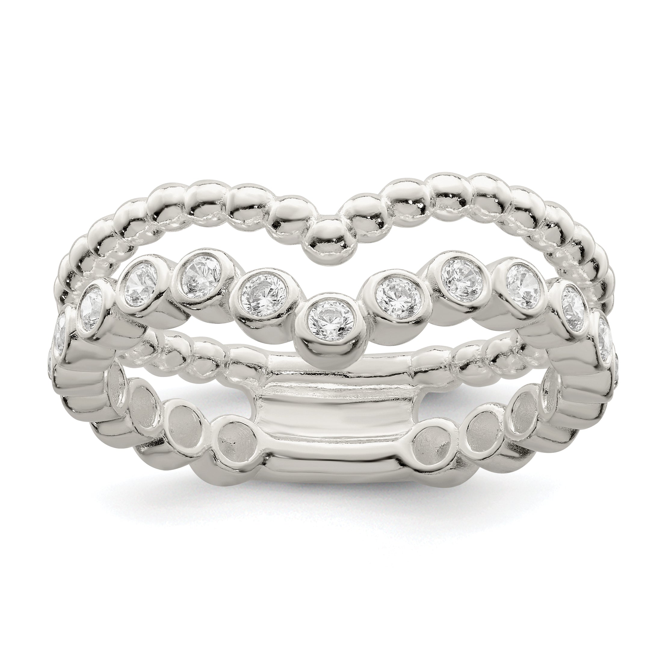 Sterling Silver Polished Cz Beaded Double Fancy Ring