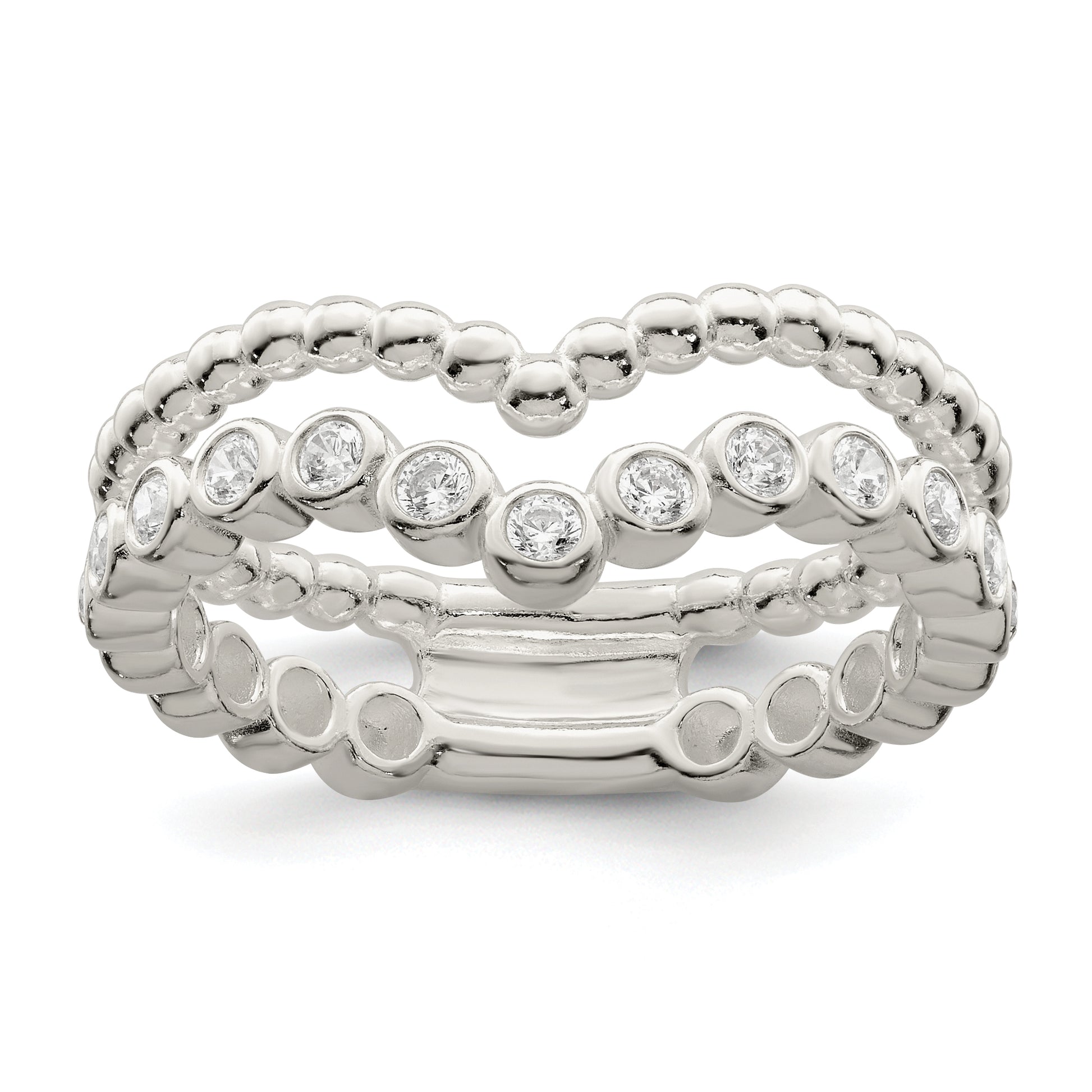 Sterling Silver Polished Cz Beaded Double Fancy Ring
