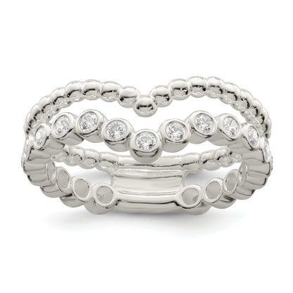 Sterling Silver Polished Cz Beaded Double Fancy Ring