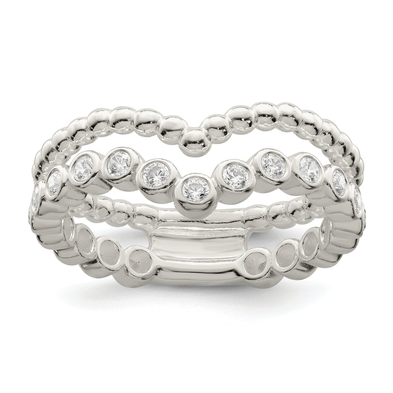 Sterling Silver Polished Cz Beaded Double Fancy Ring
