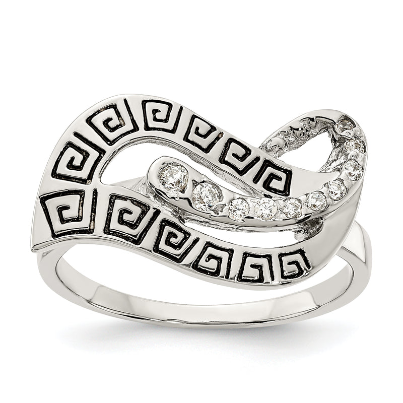 Sterling Silver Polished Cz Enameled Greek Key Ring
