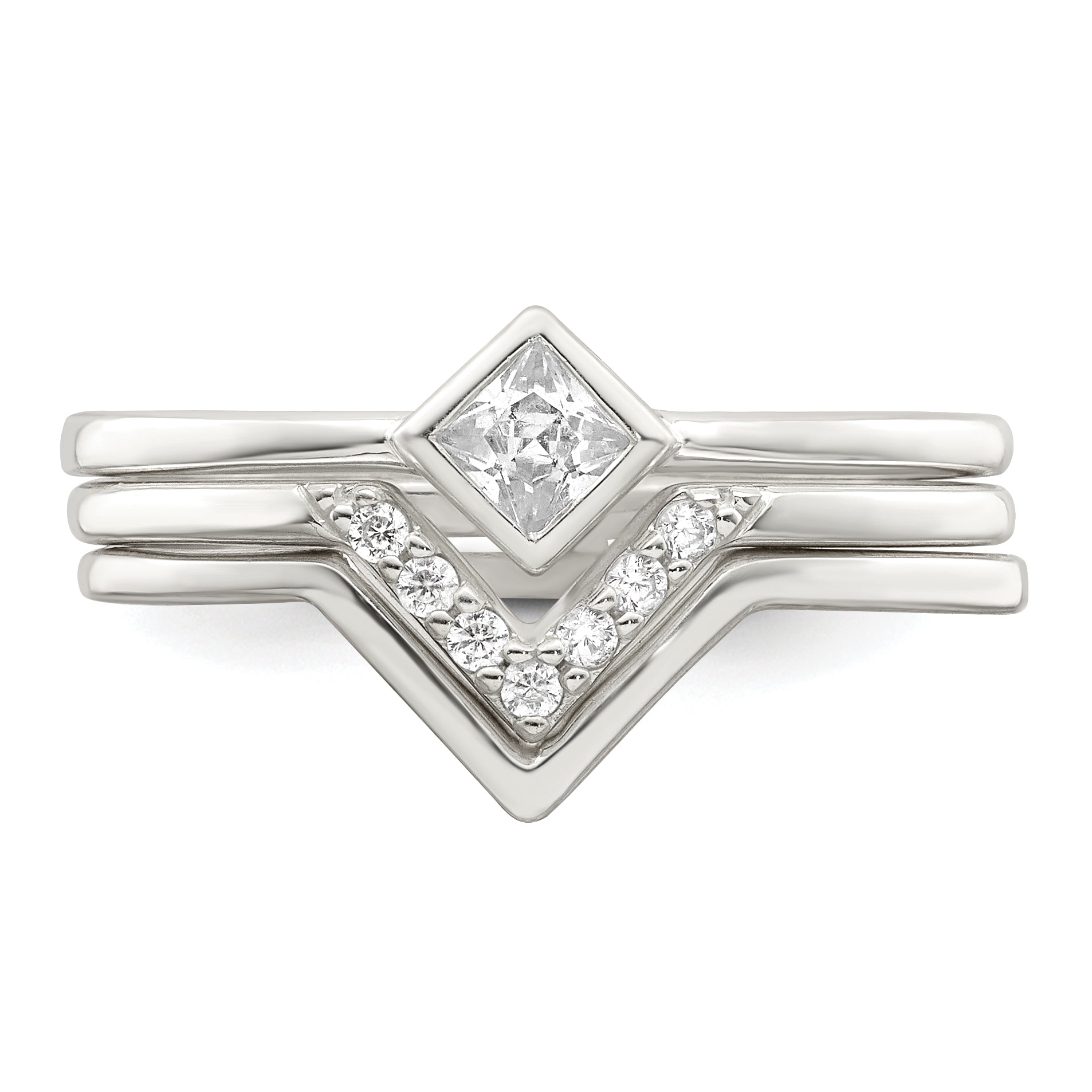Sterling Silver Polished Square Cz 3 Ring Set