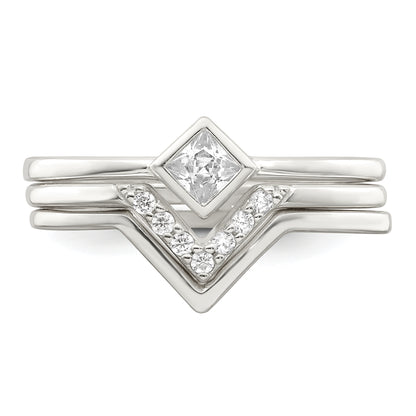 Sterling Silver Polished Square Cz 3 Ring Set