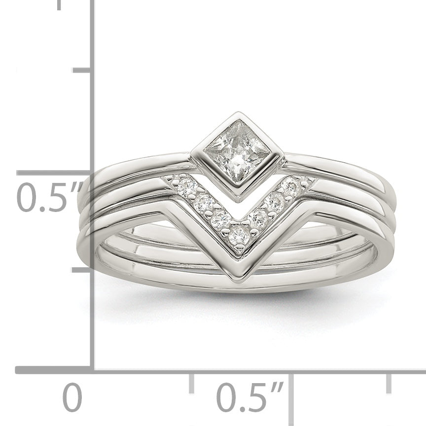 Sterling Silver Polished Square Cz 3 Ring Set