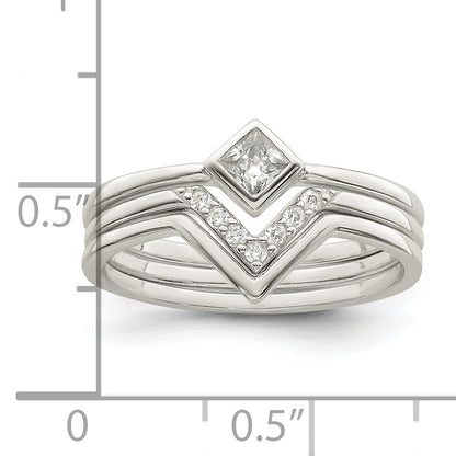 Sterling Silver Polished Square Cz 3 Ring Set