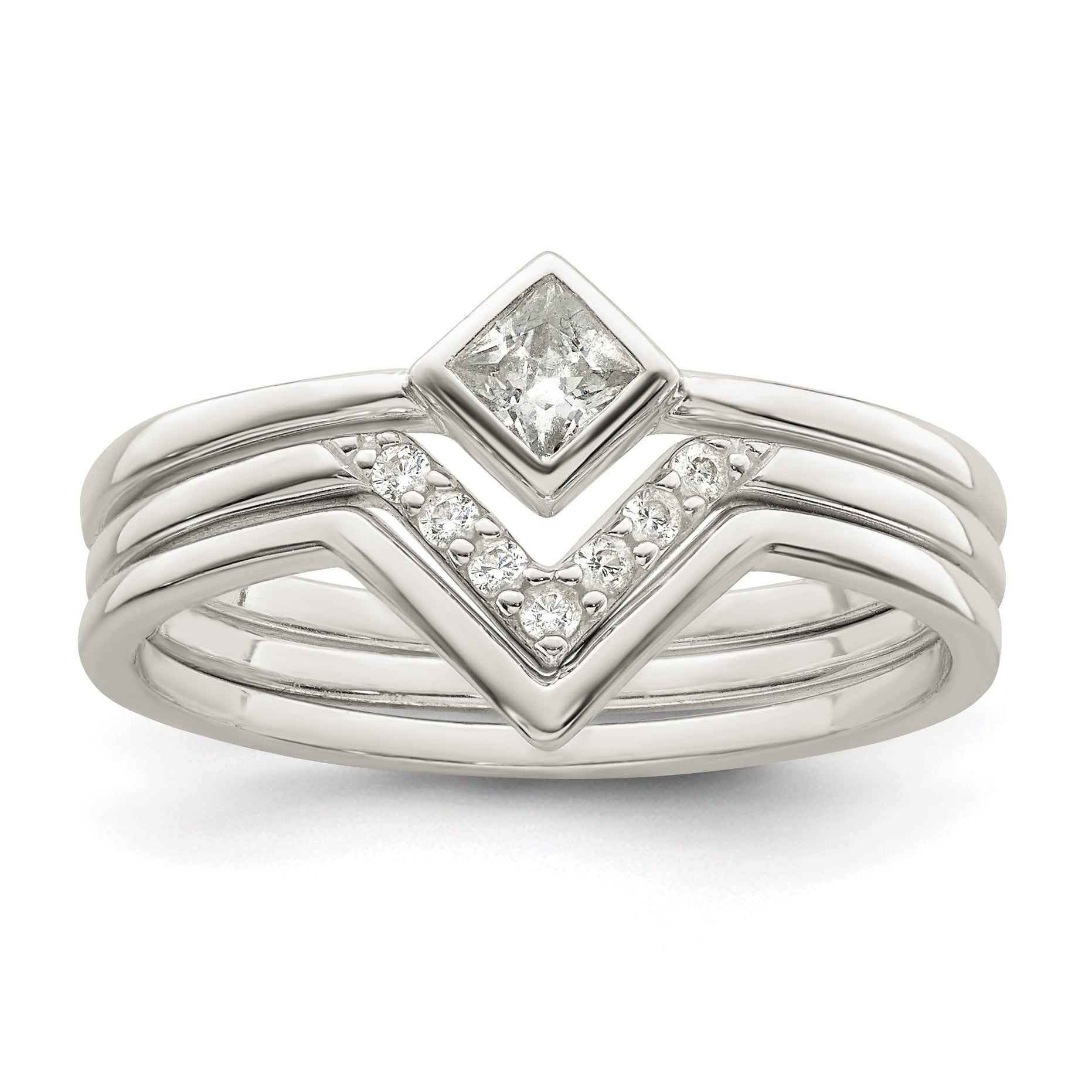 Sterling Silver Polished Square Cz 3 Ring Set