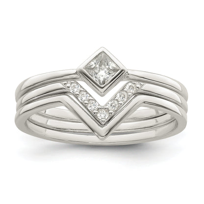 Sterling Silver Polished Square Cz 3 Ring Set