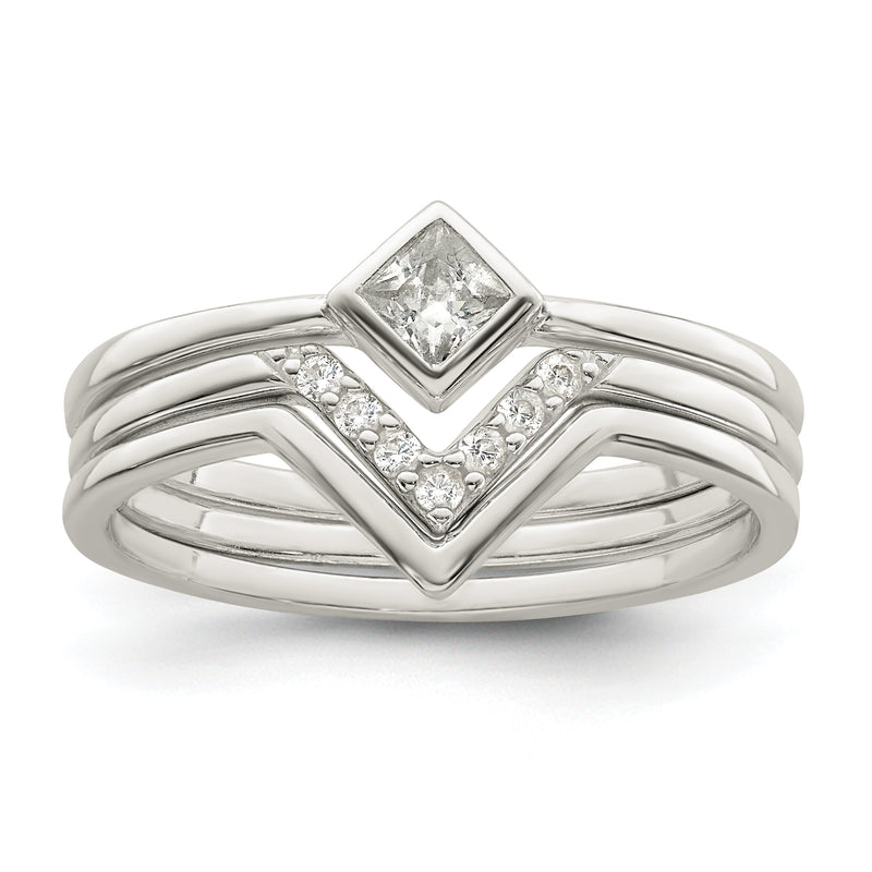 Sterling Silver Polished Square Cz 3 Ring Set