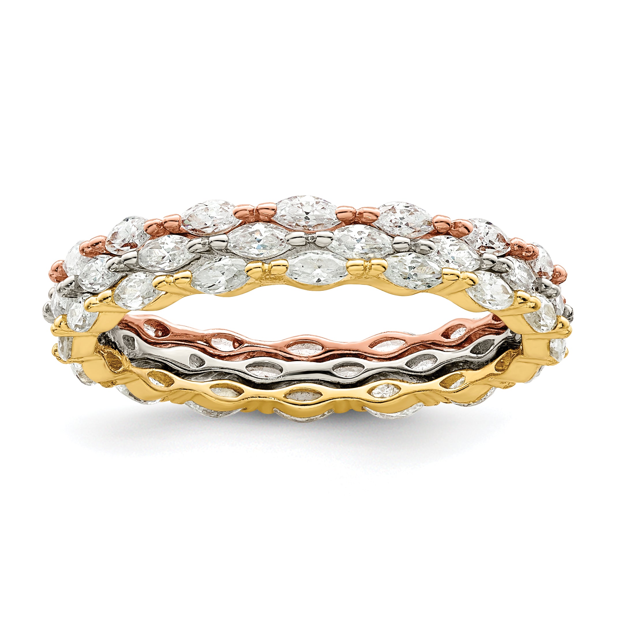 Sterling Silver Rose & Gold Tone Marquise Cz Eternity 3 Ring Set