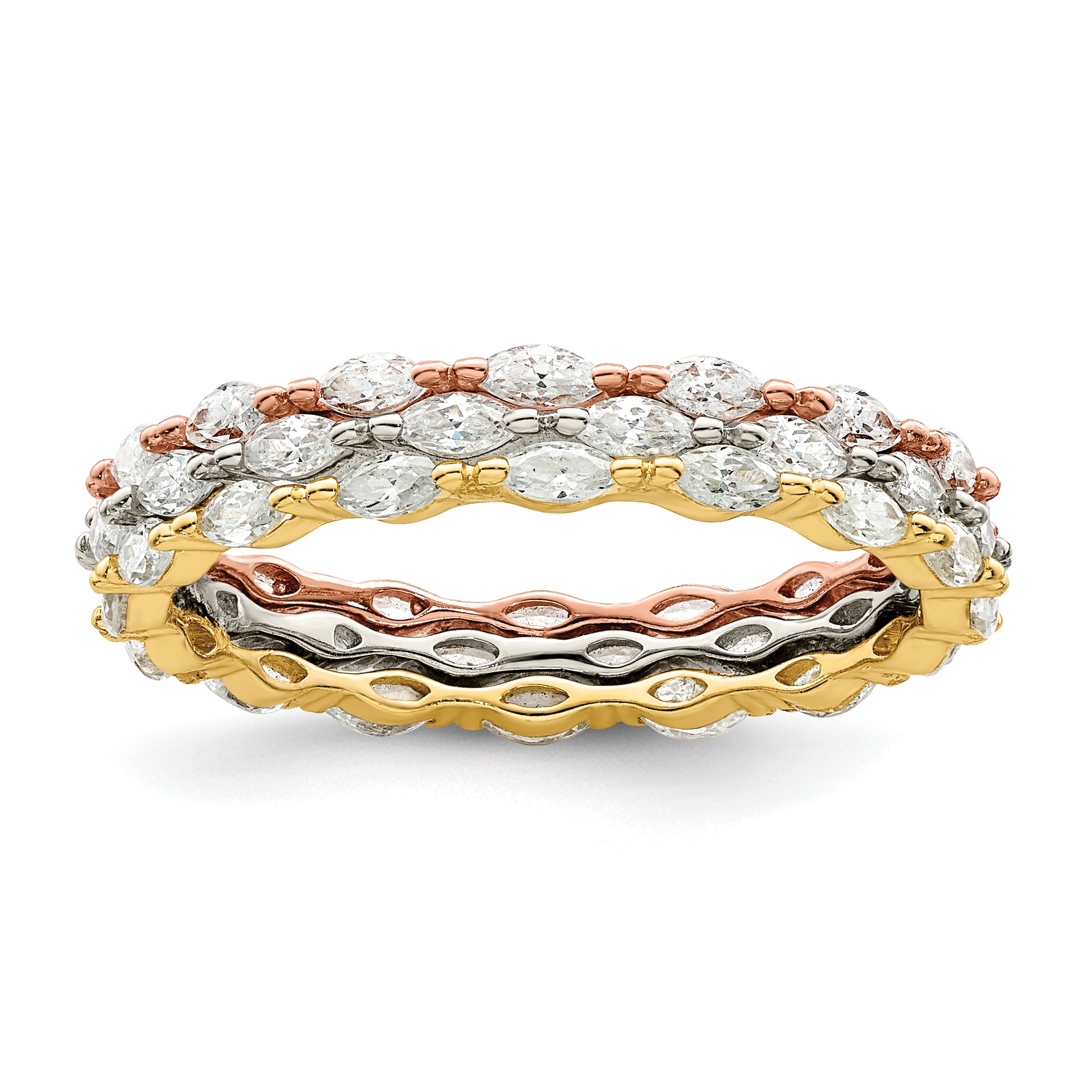 Sterling Silver Rose & Gold Tone Marquise Cz Eternity 3 Ring Set