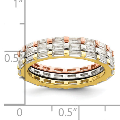 Sterling Silver Rose & Gold Tone Baguette Cz Eternity 3 Band Set