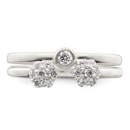 Sterling Silver Bezel Cz And Floral Ring Set (Size 8 Only)