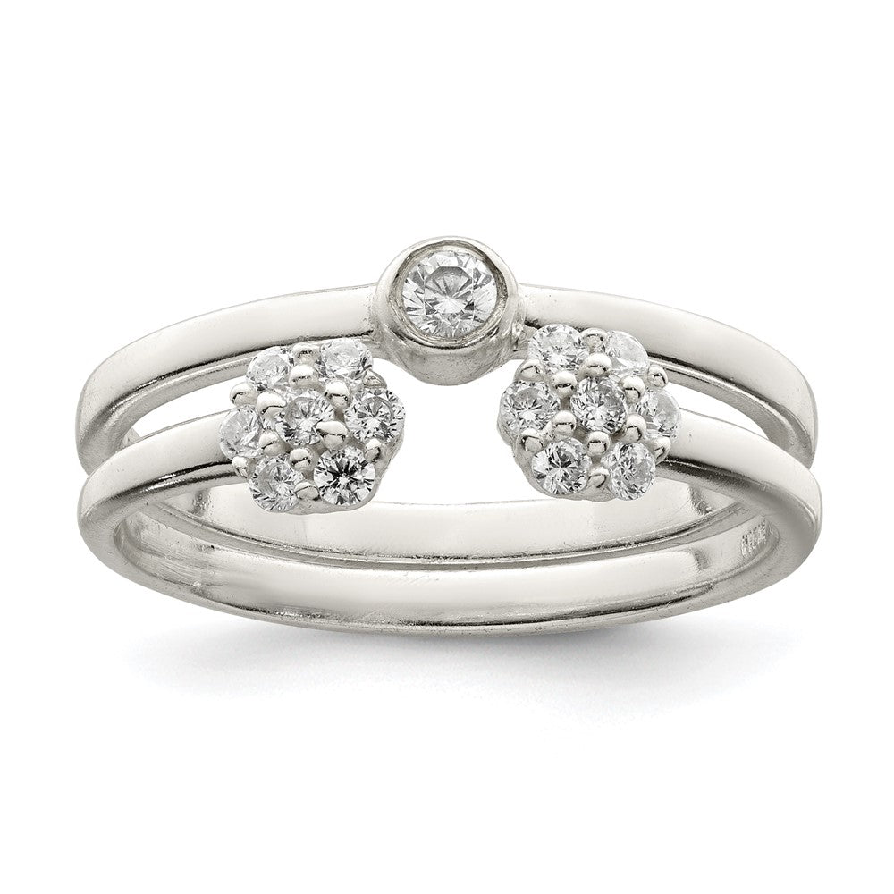 Sterling Silver Bezel Cz And Floral Ring Set (Size 8 Only)