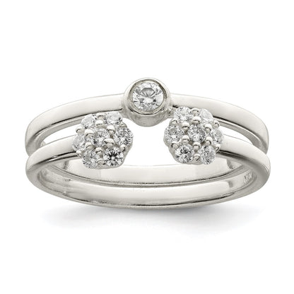 Sterling Silver Bezel Cz And Floral Ring Set (Size 8 Only)