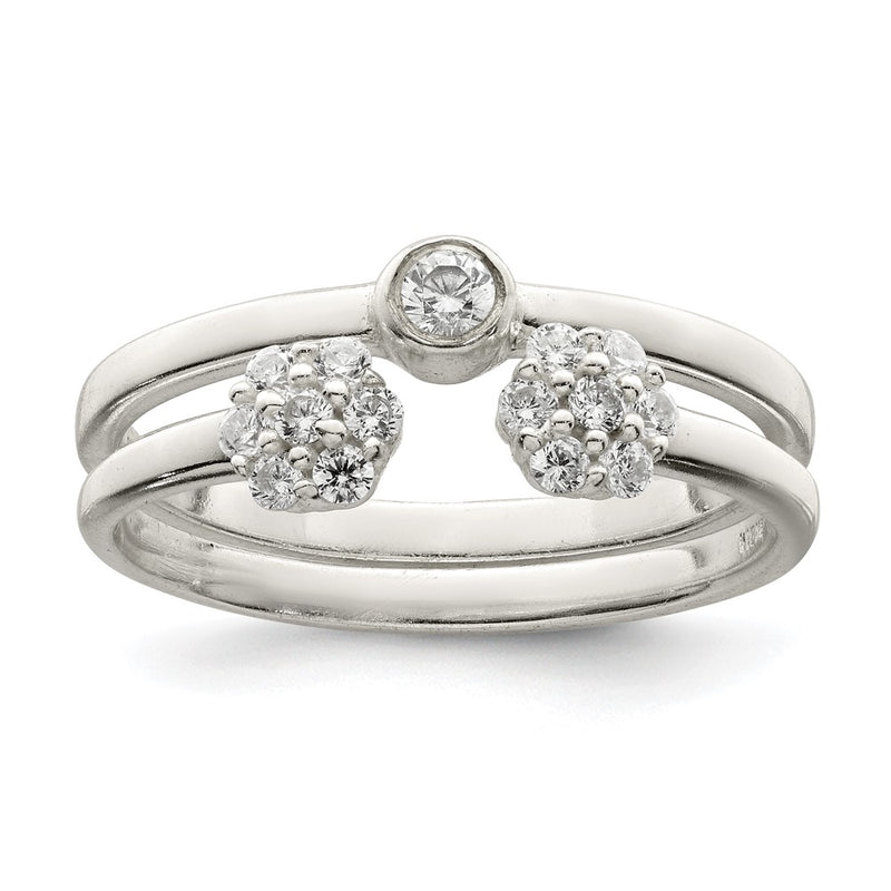 Sterling Silver Bezel Cz And Floral Ring Set (Size 8 Only)