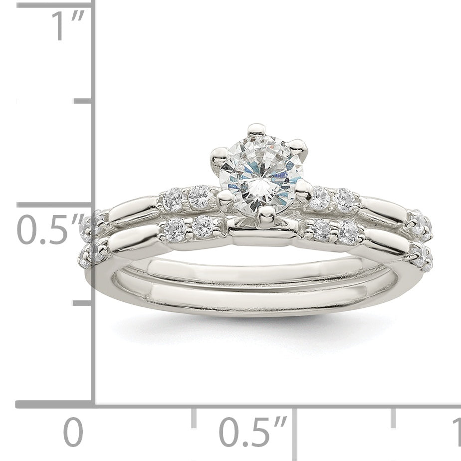 Sterling Silver Polished Cz Wedding Ring Set