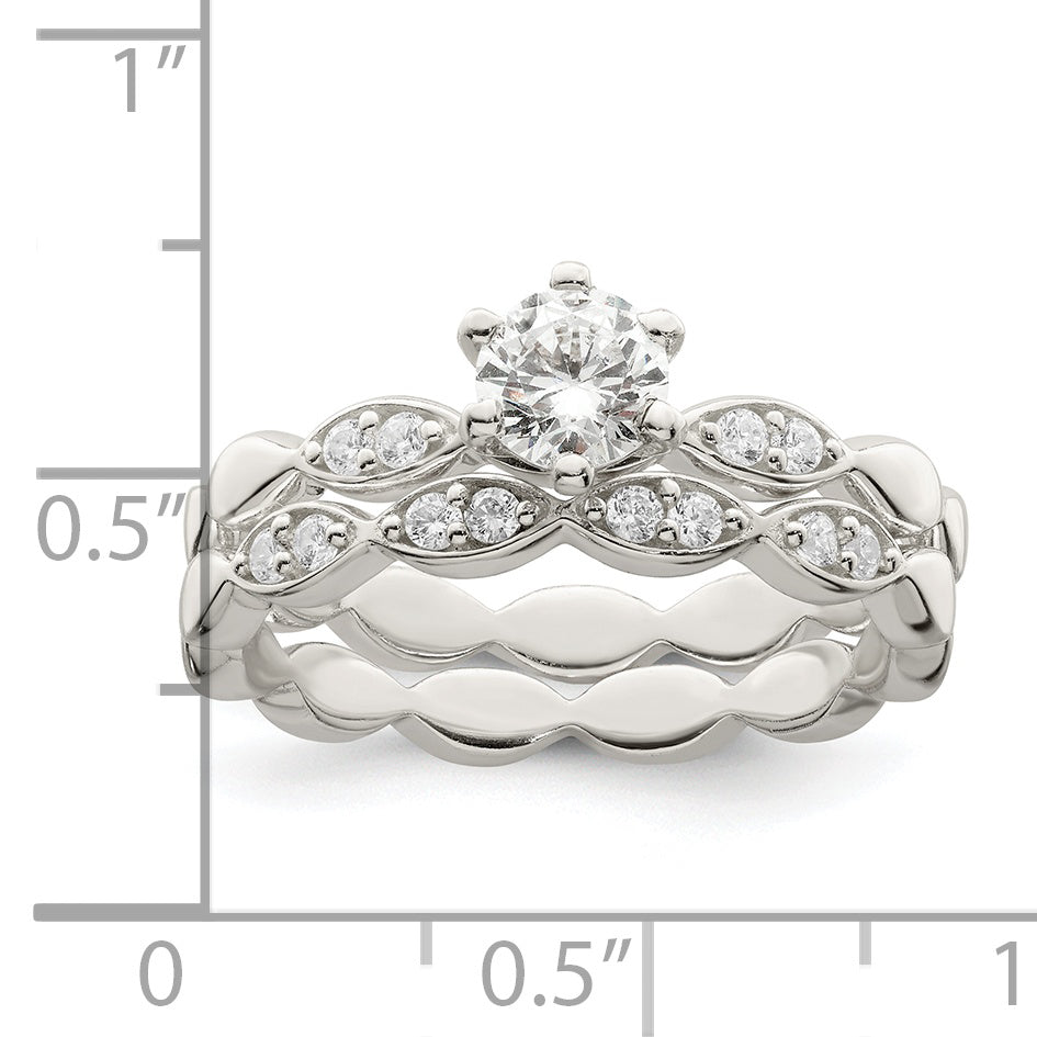 Sterling Silver Polished Cz Wedding Ring Set